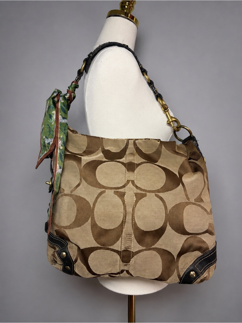 Vintage Y2K Coach Large Carly Signature Canvas Shoulder Bag with Scarf Accent